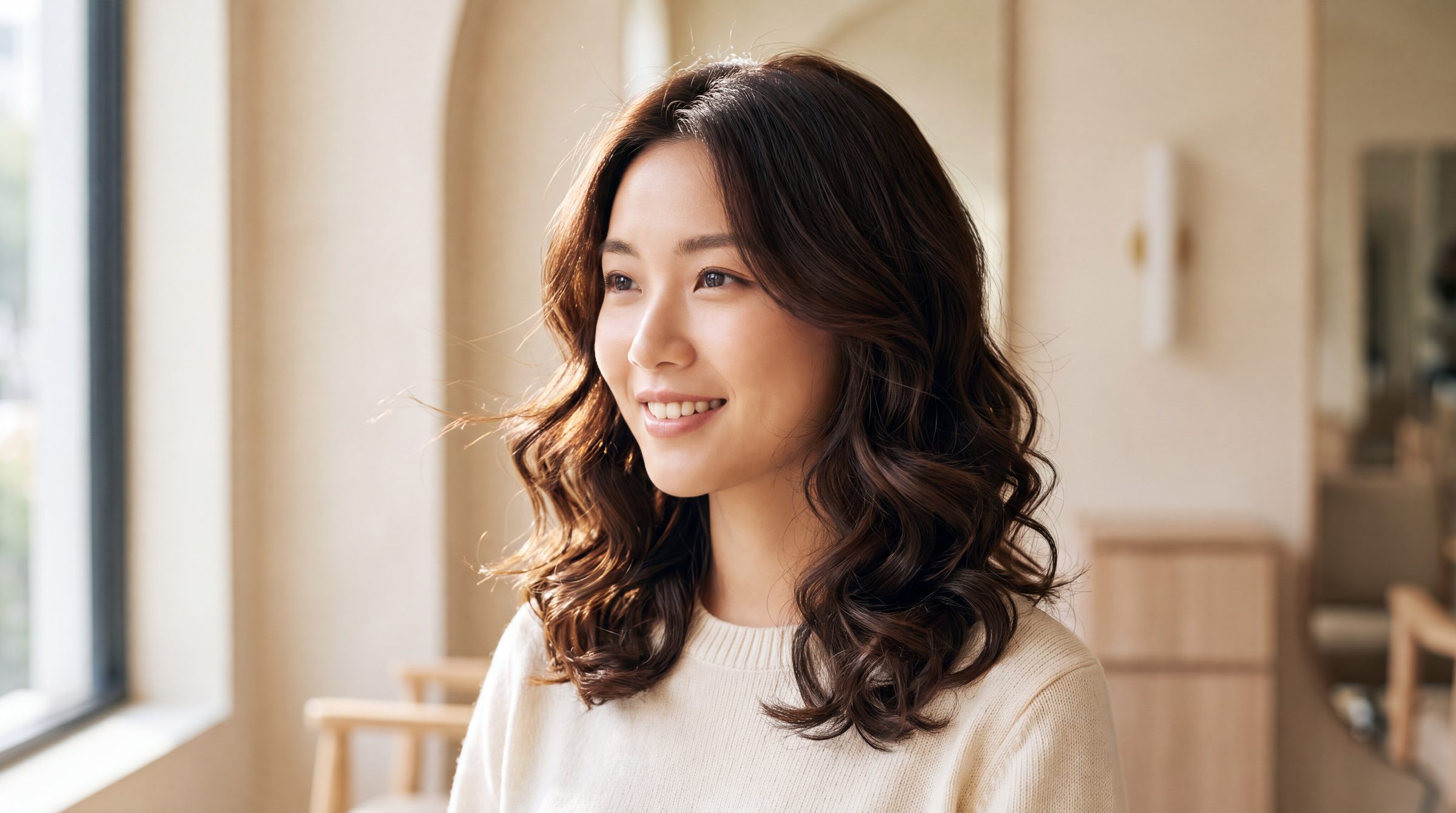 Soft C-curl waves from a digital perm at The Gallery Hair Studios